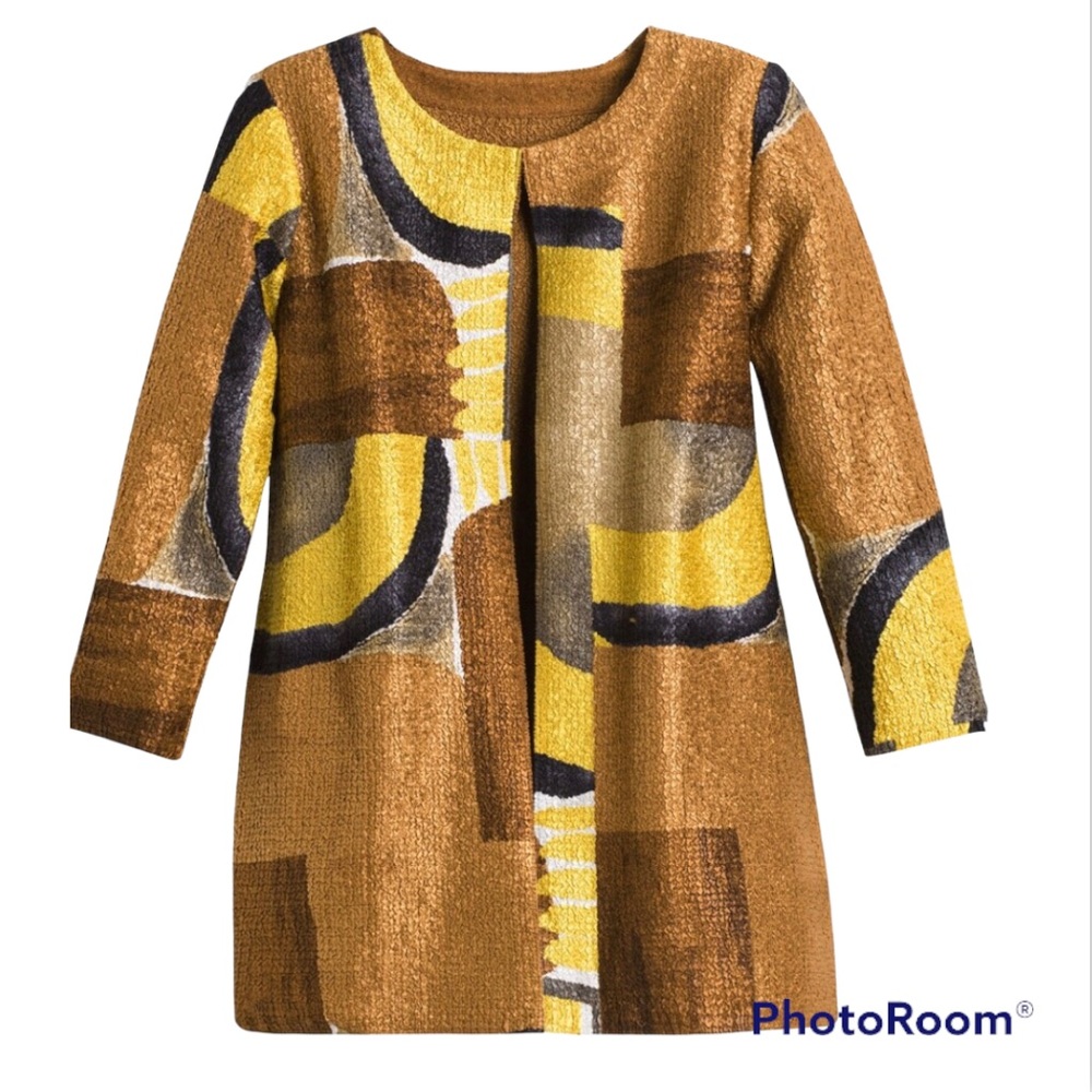 Chicos Womens Abstract Print Open Front 3/4 Sleeve Reversible Jacket Sz 2 L